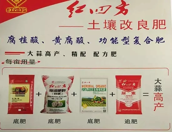 推薦配方：底肥選用紅四方黑金腐植酸復合肥料54%（18-18-18）、大蒜摻混BB肥52%（12-20-20）、生物有機肥，追肥選用尿素